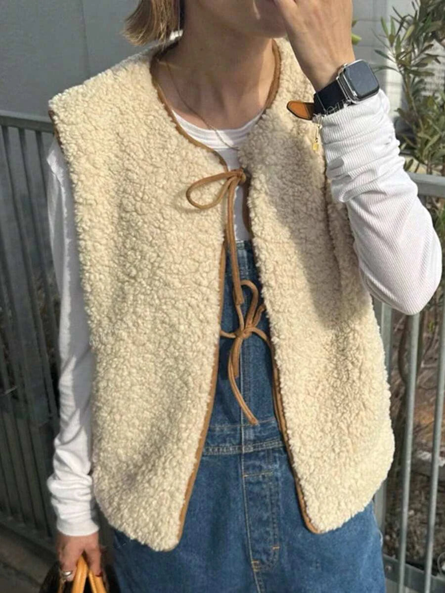 Aiertu  -  Winter New Solid Fleece Vest Jacket Women 2025 Round Neck Lace-up Sleeveless Jackets Simple Casual Fashion Waistcoat Outerwear Aiertu