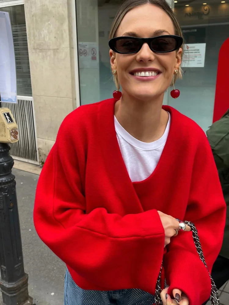 Aiertu  -  Chic Retro Red Women V-neck Loose Woolen Pullover Jacket Long Sleeve Knitted Sweater 2026 New Autumn Female Casual Knitwear Top Aiertu
