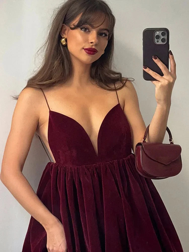 Aiertu  -  Elegant Velvet Backless Women Dresses Pleated Solid Sling Female Dress 2024 Winter Christmas Sleeveless A-line Evening Lady Robe Aiertu
