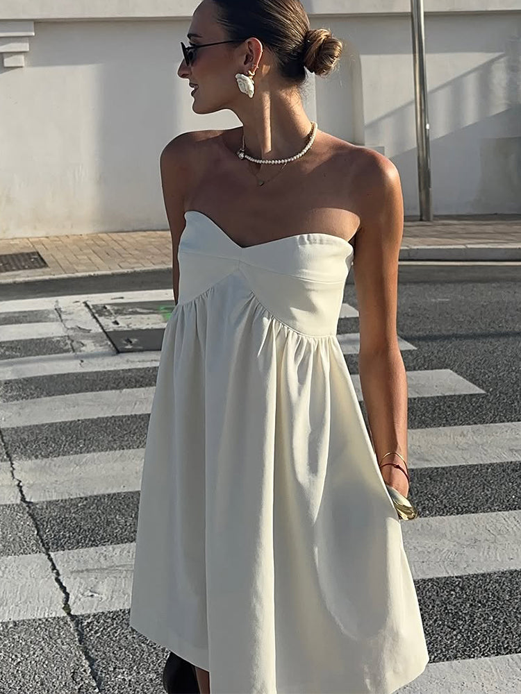 Aiertu  Women's Sexy White Strapless Dresses 2025 Summer Backless High Waist Pleated Mini Gowns Lady Fashion A-line Beach Vacation Dress Aiertu
