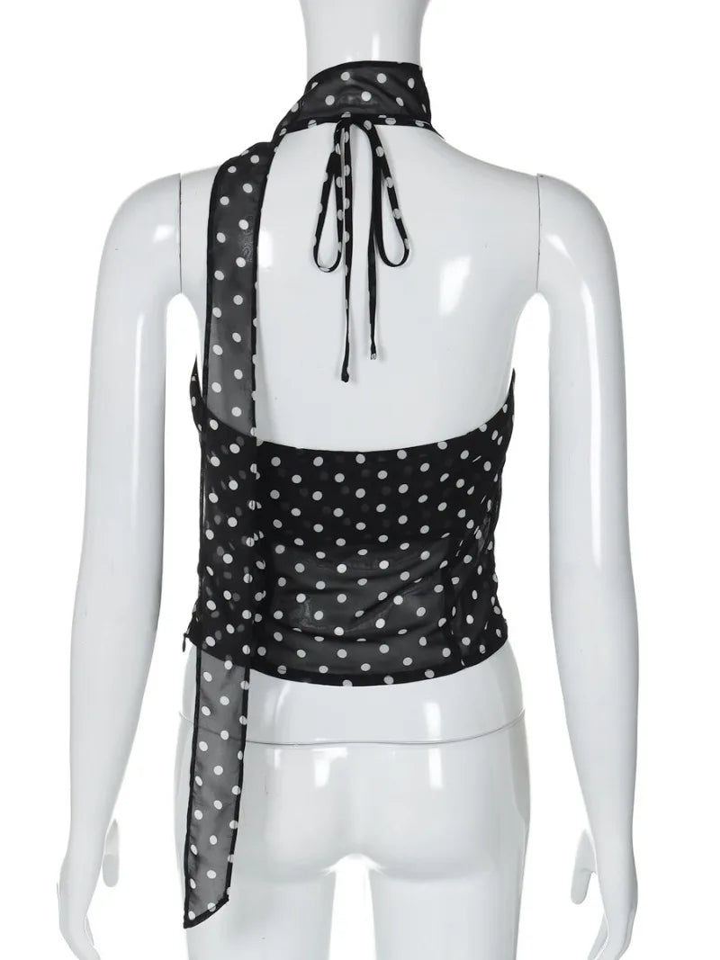 Aiertu  -  2026 Summer Bandage Halter Neck Ruffles Camisoles Black Streetwear Woman Clothing Corset Dot Printed Backless Lace-up Crop Tops Aiertu
