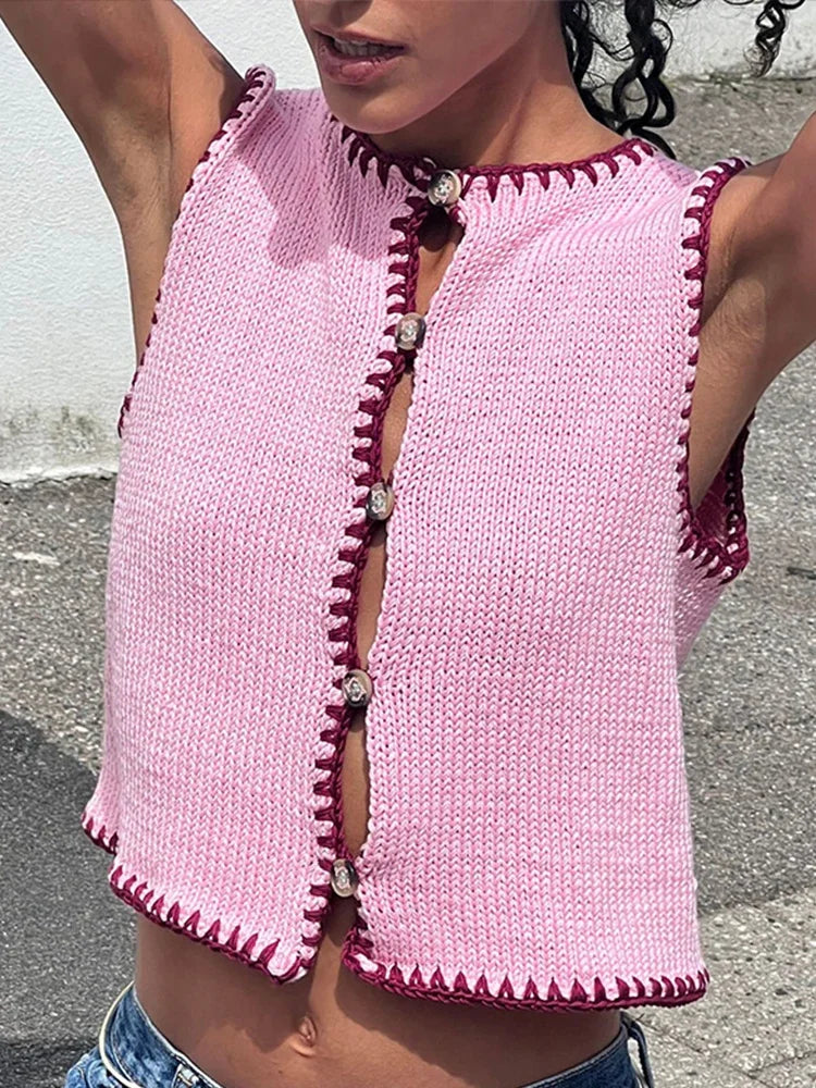 Aiertu  -  Casual Knitted Contrast Vests Women Single Breasted Hollow Out O-neck Sleeveless Tank Tops 2026 Summer Fall New Lady Streetwear Aiertu