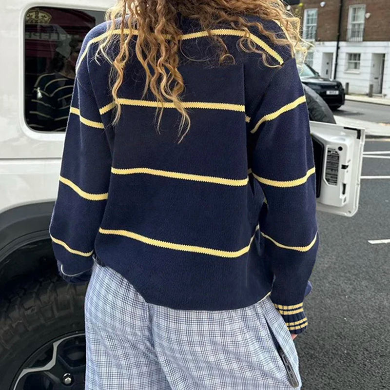 Aiertu  -  cold weather outfits Fashion Striped Women Sweater Y2K O-neck Loose Fit Jumper Top Preppy Style Casual Knitted Pullovers Korean Outfits Aiertu