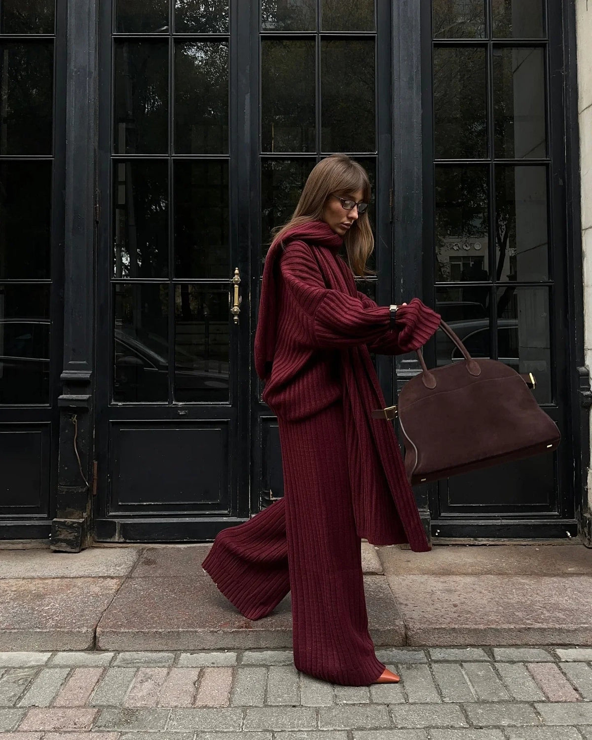 Aiertu  -  Elegant Burgundy Long Sleeve Sweater Pants Set Fashion Knitted Scarf Pullover Trousers Suits Autumn Winter Lady Warm Streetwear Aiertu