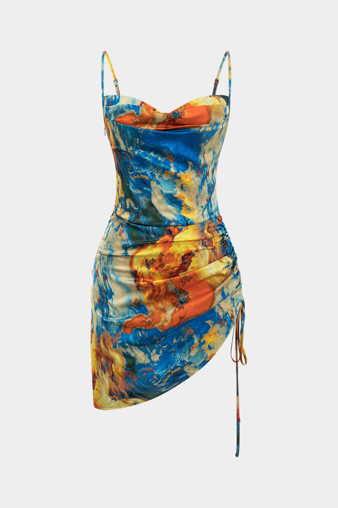 Aiertu  Watercolor Print Satin Ruched Drawstring Slip Mini Dress Aiertu