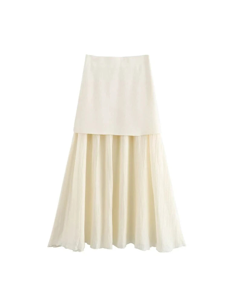 Aiertu  -  Women Summer Pleated Skirts Fashion Solid Splicing High Waist Mid-Calf Female Elegant Street MIDI Skirt Clothing Aiertu