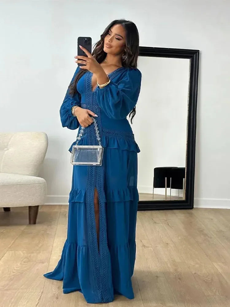 Aiertu  -  Elegant Hollow Lace Patchwork Ruffle Long Dress For Women Sexy Deep V-neck Lantern Sleeves Slim Maxi Dresses Female Party Robes Aiertu