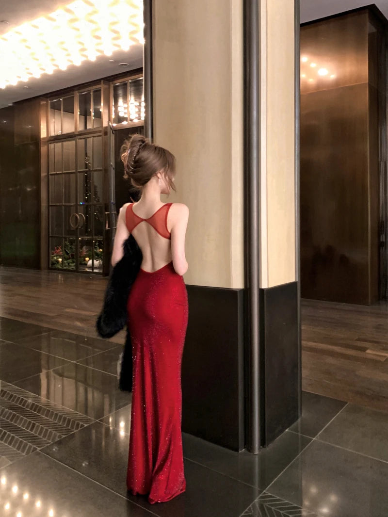 Aiertu  -  Glitter Crystal-embellished Evening Dress Women Maxi Long Open Back Sleeveless Stretchy Bodycon Dress Prom Party Gown Aiertu