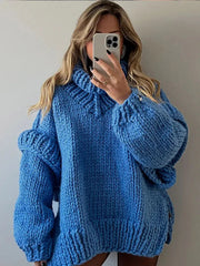 Aiertu  -  Oversized Turtleneck Blue Knitted Pullover For Women Loose Long Lantern Sleeve Sweater Tops Autumn New Lady High Streetwear Aiertu