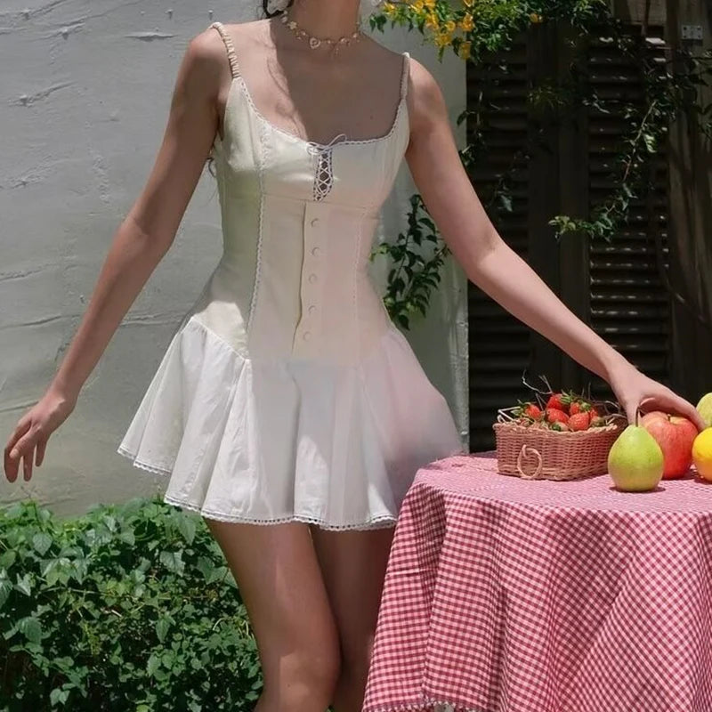 Aiertu  -  Summer 2025 Women Patchwork Sling Lace Up Dresses Short Robe Sweet Girl Holiday Dress Sexy Aiertu