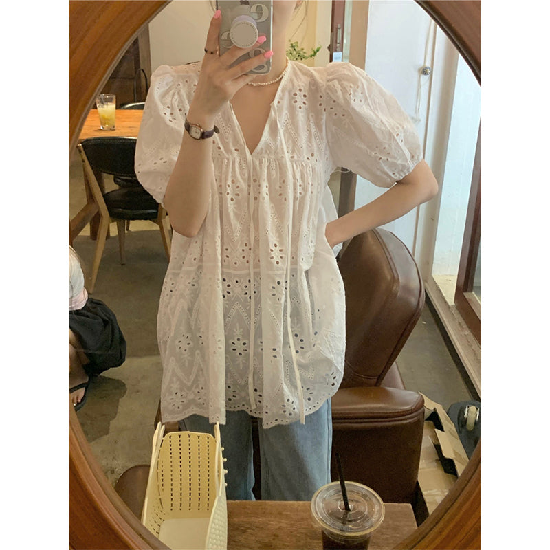 Aiertu Sweet White Blouses Women Elegant Hollow Out Lace Up Shirts Summer Streetwear Korean Puff Sleeve Baggy Casual Chic Tops Aiertu