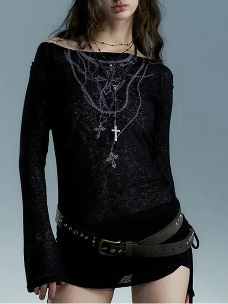 Aiertu  -  New Fashion Women Off Shoulder Black Long Sleeve T-Shirt Korean Retro Gothic Y2K High Printed Thin Knitted One Word Neck T-Shirt Aiertu
