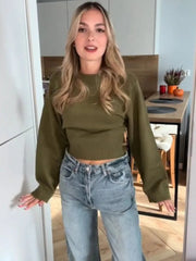 Aiertu  -  Waist Cinching Short Sweater Ribbed Wide Sleeved Knitwear Round Neck Loose Slimming Knitted Pullover Spring New Women's Clothing Aiertu