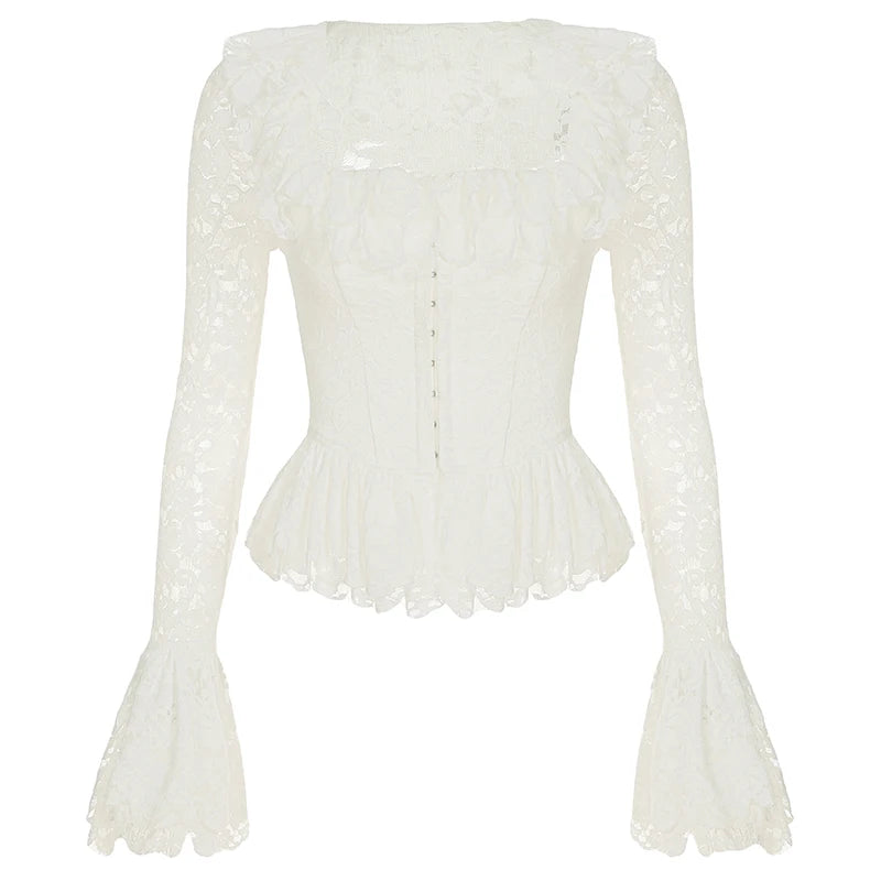 Aiertu  Elegant French Style Women Lace Hem Crop Top See Through Aesthetic Flare Sleeve Fitted Square Collar T-shirt Spring Aiertu