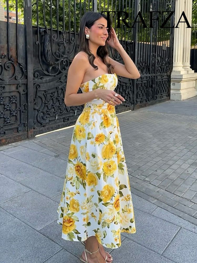 Aiertu  Women New Fashion Temperament Simple Slim Strap-Breast Yellow Rose Printed Dress Female Elegant Sexy Backless Long Dress Aiertu