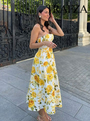 Aiertu  Women New Fashion Temperament Simple Slim Strap-Breast Yellow Rose Printed Dress Female Elegant Sexy Backless Long Dress Aiertu