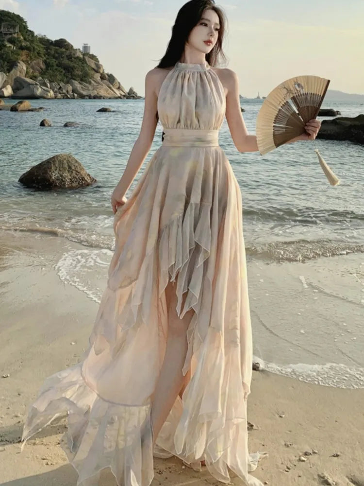 Aiertu  -  Vintage Irregular Party Dress for Women French Elegant Halter Birthday Prom Casual Vestidos Summer Holiday Chic Female New Robe Aiertu