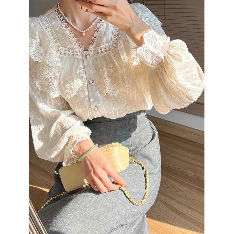Aiertu Vintage Ruffles Shirts Women Elegant Lace Patchwork Blouses Office Lady Korean V Neck Long Sleeve All Match Chic Tops New Aiertu