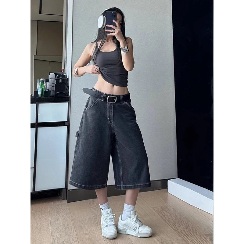 Aiertu  Women's Vintage Loose Wide Leg Street Denim Cropped Pants Summer Cargo Shorts Young Girl Casual Bottom Female Calf-length Pants Aiertu