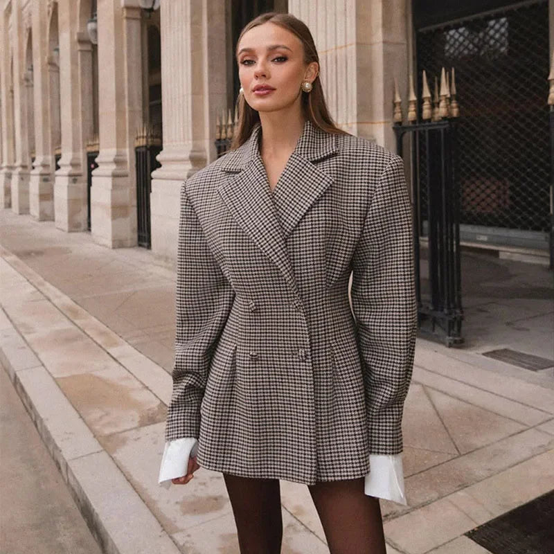 Aiertu  -   Breasted Plaid Women Coat Full Sleeve Lapel Female Jacket 2025 Fashion Elegant Blazer Slim Shoulder Pads Lady Outerwear Aiertu