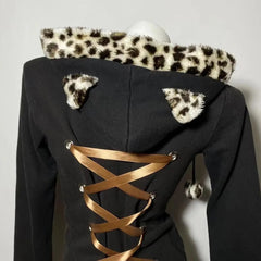 Aiertu  -  Korean Cat Ear Leopard Print Plush Hoodies Sweatshirt Women's Versatile Goth Strappy Sweatshirt Y2K Retro Popular Zip Up Hoodie Aiertu