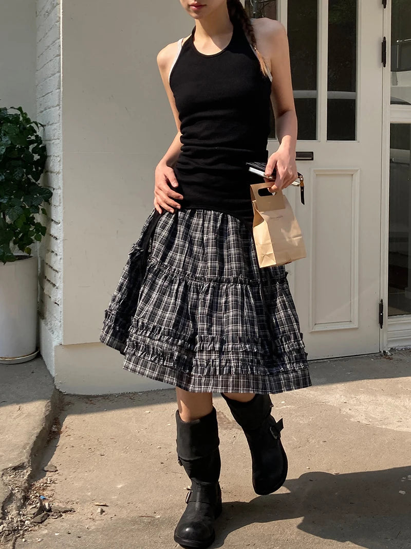 Aiertu  -  Vintage Plaid Mini Skirt Women Japanese Harajuku Ruffles Patchwork Black Skirts Summer High Waist Casual A Line Faldas New Aiertu