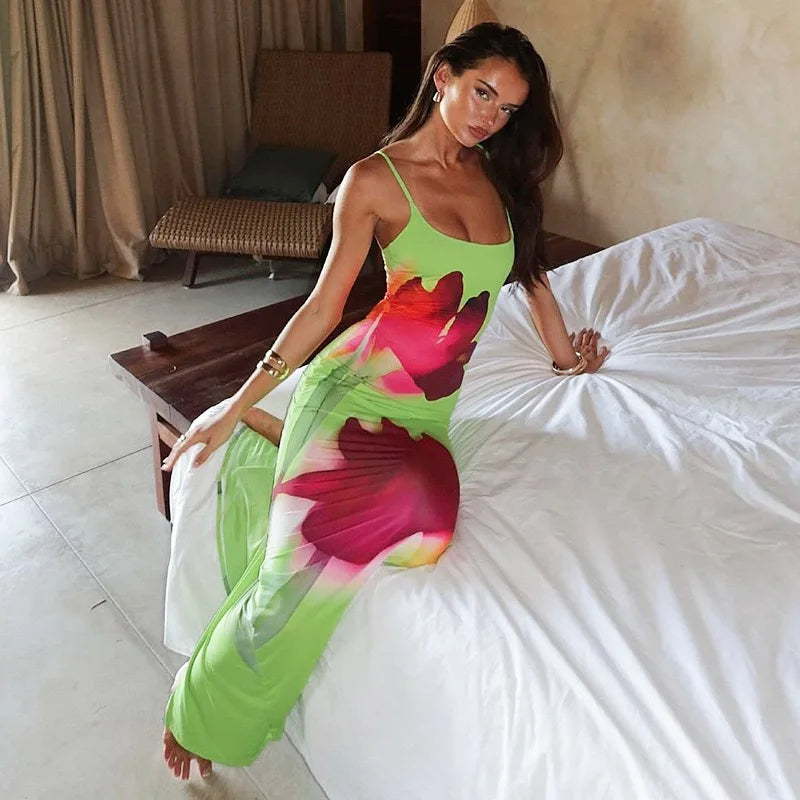 Aiertu  -   Square Neck Spaghetti Strap Sleeveless Backless Floral Print Split Maxi Dress Summer Sweet Elegant Celebrity Vestidos Aiertu