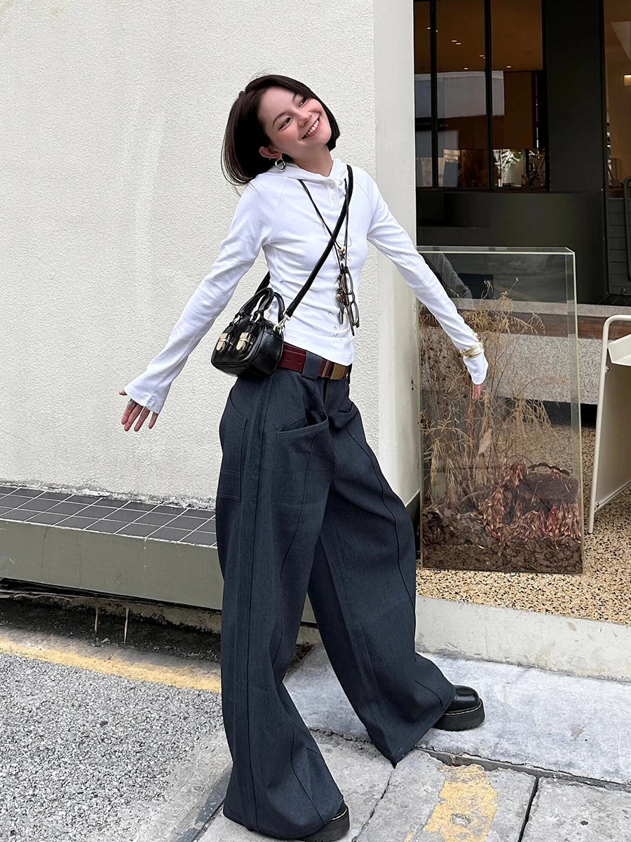 Aiertu  -  Business Women Pintuck High Rise Suit Pants Casual Straight Wide Leg Gray Solid Draped Long Trousers OL Female Clothes Aiertu