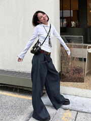 Aiertu  -  Business Women Pintuck High Rise Suit Pants Casual Straight Wide Leg Gray Solid Draped Long Trousers OL Female Clothes Aiertu