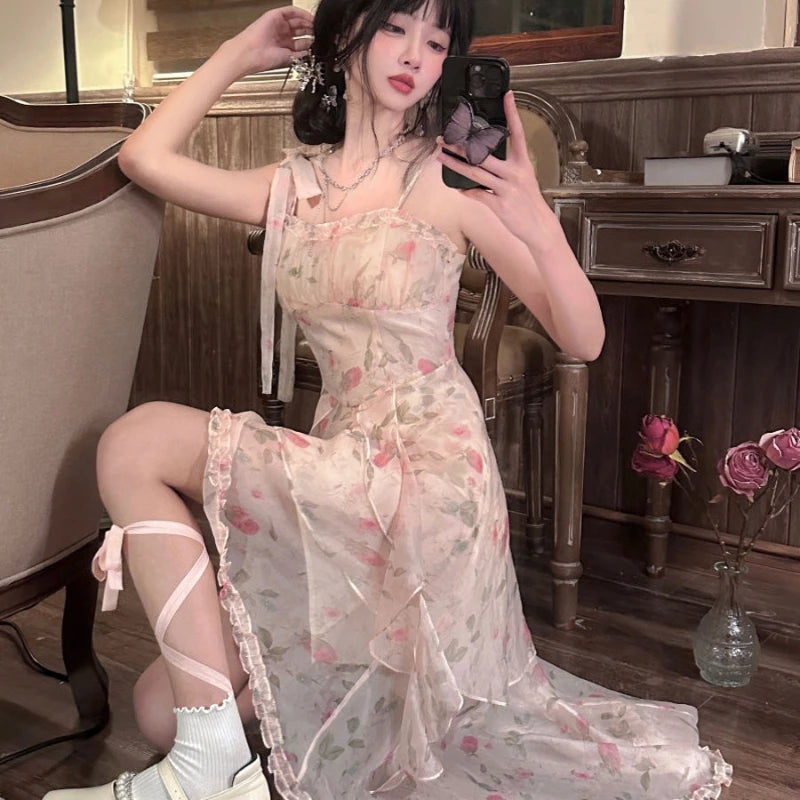 Aiertu  -  French Elegant Fairy Print Dress Women Casual Even Party Irregular Sleeveless Midi Dress Female Vintage Y2k Floral Summer Aiertu