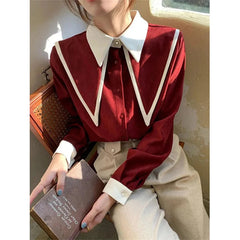 Aiertu Vintage Elegant Shirts Women Chiffon Patchwork Ruffle Turn Down Collar Long Sleeve Blouse Korean Office Lady Loose Tops Aiertu