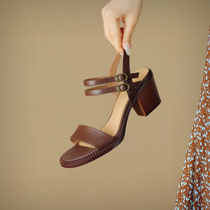 Aiertu  New Fashion Sandals Women Cow Leather Solid Color Magic Strap Elegant Ladies Outdoor Summer Retro High Heel Shoes Handmade Aiertu