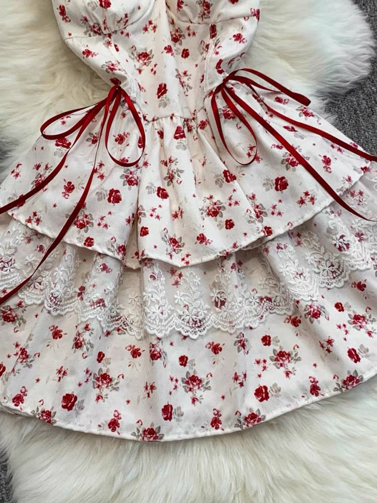 Aiertu  Cherry Bird Red Ribbon Coquette Dress Aiertu