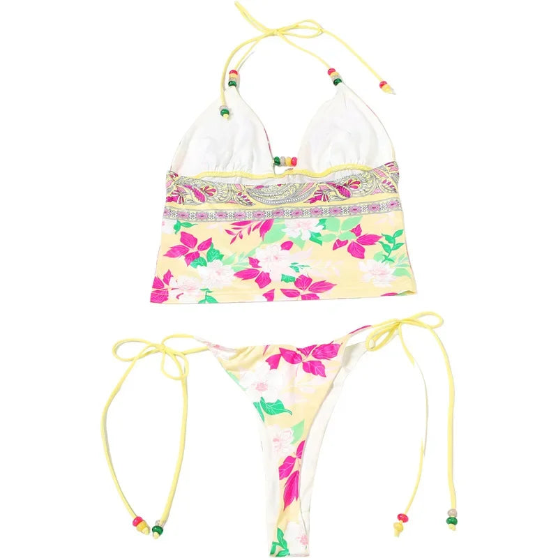 Aiertu  -  Print Beads Lace Up Holiday Beach 2 Piece Set 2026 Summer Women Sexy V-neck Halter Backless Camis Crop Top + Briefs Bathing Suit Aiertu