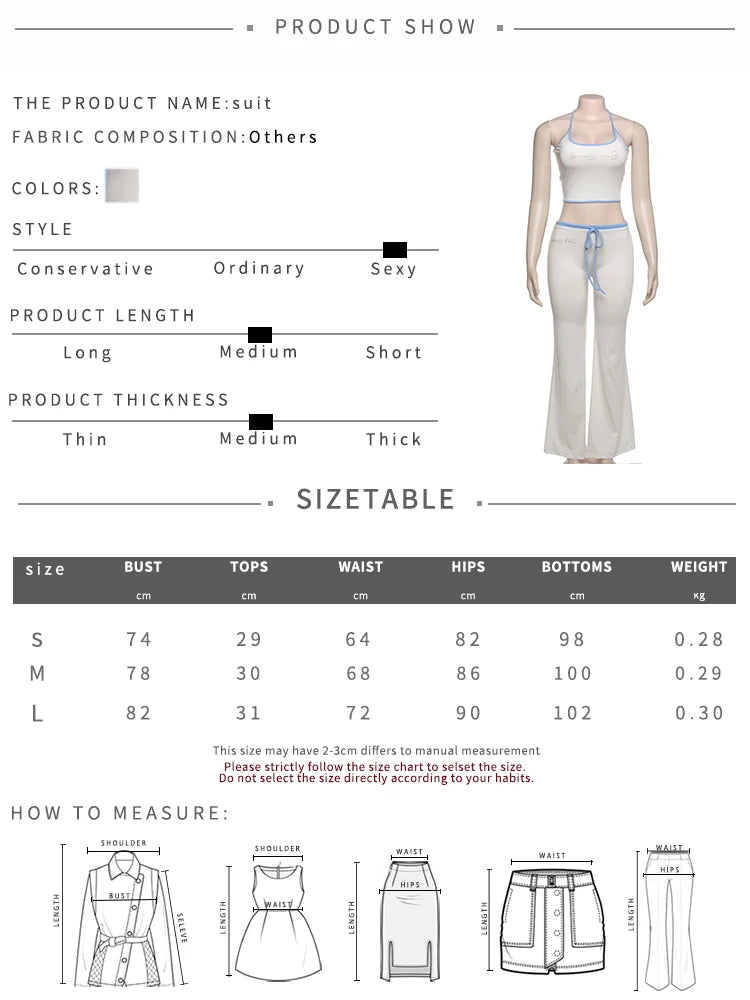 Aiertu  -  Simple Letter Print 2 Piece Set Women Halter Bandage Crop Tops+Drawstring Stretch Flare Pants Vacation Matching Suits Aiertu