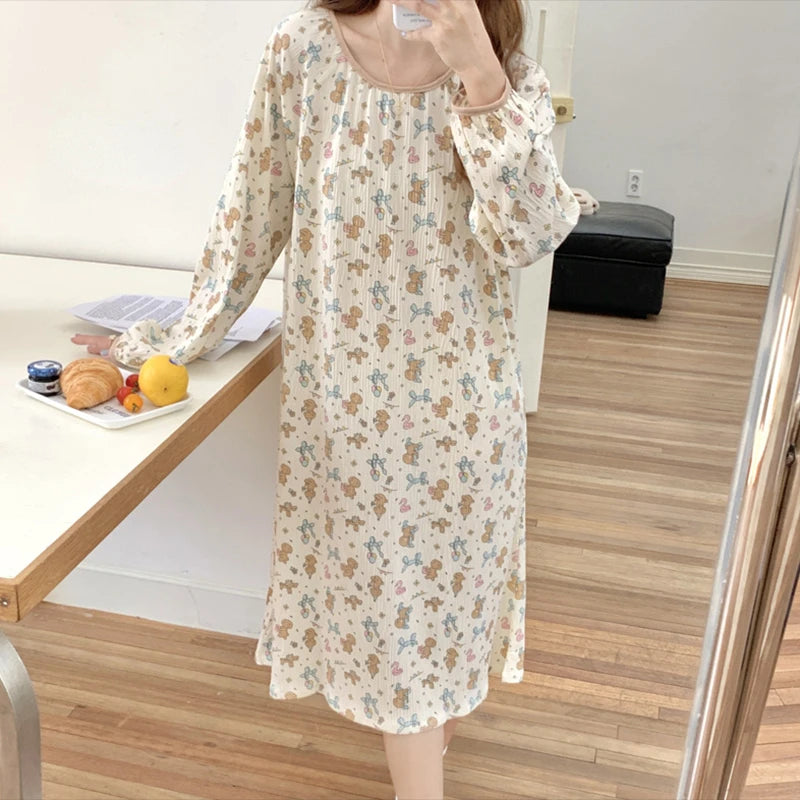 Aiertu Long Sleeve Nightgowns Women Floral Bow Temper Autumn Home Cozy Aesthetic O-neck Prairie Chic All-match Sleepwear Korean Style Aiertu