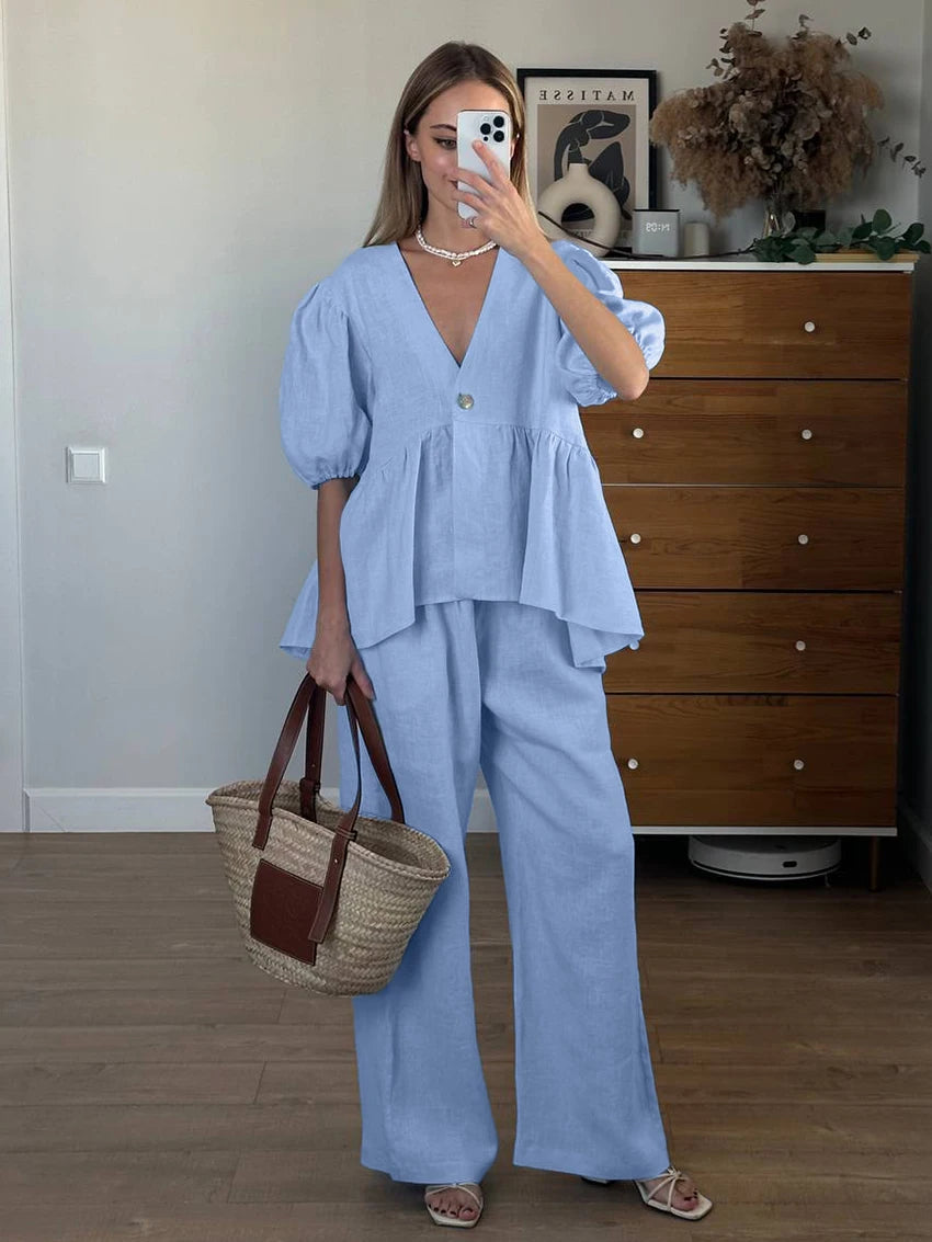Aiertu  Cotton Loose Female Pajama 2 Piece Suit Short Sleeve Nightgown Sexy V-Neck Sleepwear Pants Casual Women Nightwear Set Aiertu