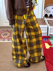 Aiertu  -  Retro Checkered Wide Leg Pants for Women Yellow Color Block Pockets High Waist Straight Wide Leg Sweatpants Daily Wear Aiertu