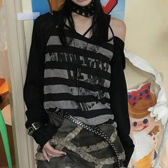 Aiertu  -   Women New Autumn Punk Hip Hop Stripe Graffiti Printed Thin Style Long Sleeves Y2k Fashionable Loose Sunscreen Casual Tops Aiertu