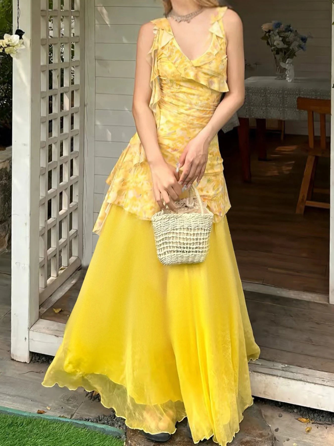 Aiertu  Holiday Style Yellow Flora Prints Women Dress Summer Fashion Design Irregular Ruffles V-Neck Short Frock Aiertu