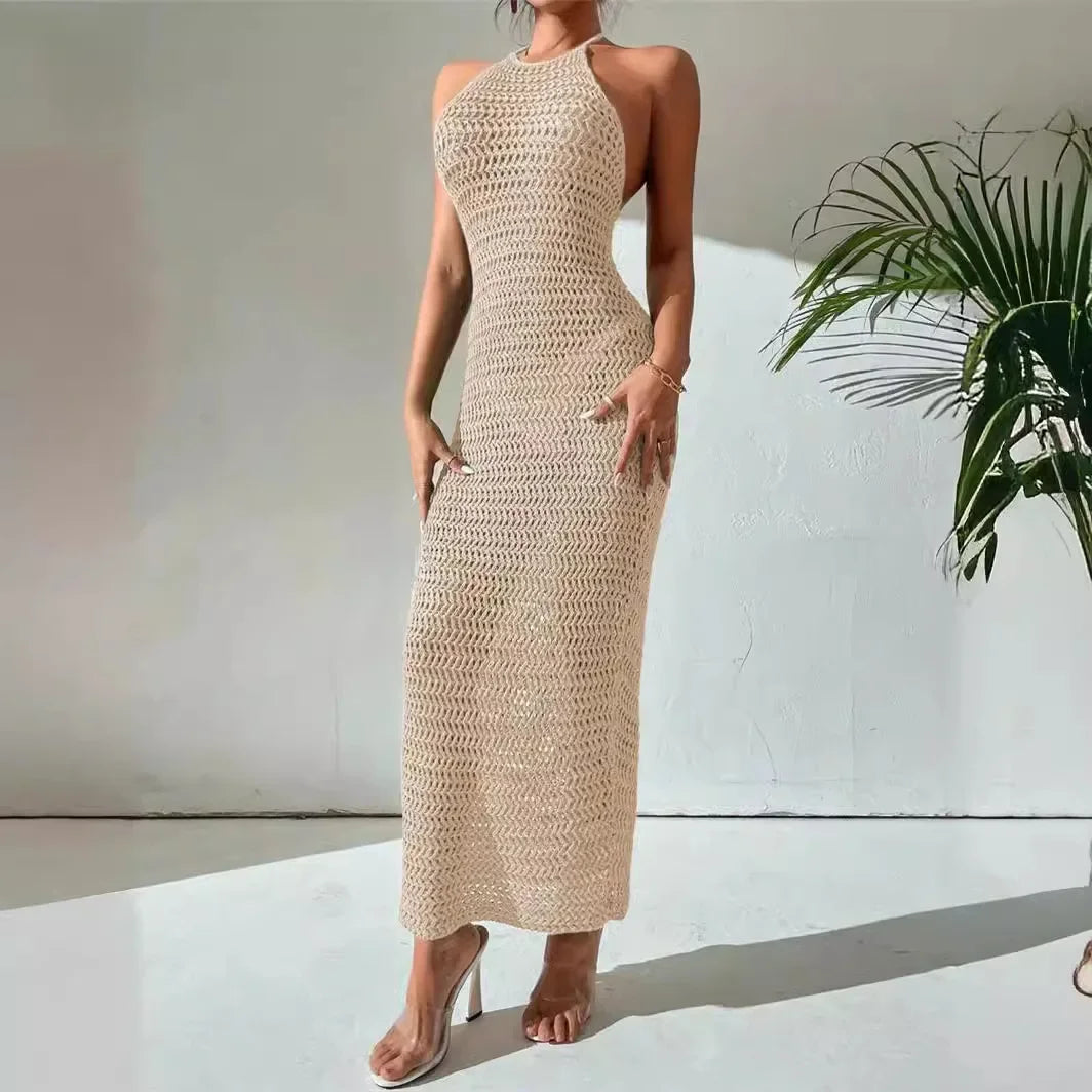 Aiertu  -  Halter Hollow Out Knit Bodycon Dress A-Line Sexy Summer Hoilday Sundress Beachwear Women Backless Maxi Dresses Chic Ladies Robe Aiertu