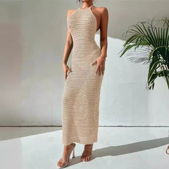 Aiertu  -  Halter Hollow Out Knit Bodycon Dress A-Line Sexy Summer Hoilday Sundress Beachwear Women Backless Maxi Dresses Chic Ladies Robe Aiertu