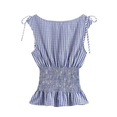 Aiertu  -  3 colors Retro French Style Bow Shoulder Gingham Plaid Sleeveless Tanks Top Women Summer Ruched Elastic Slim Waist Girl Crop Tee Aiertu