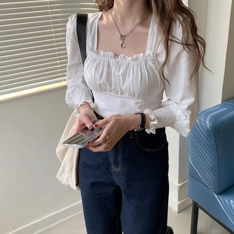 Aiertu Vintage Plaid Blouses Women Korean White Folds Square Collar Shirts Office Lady Elegant Bandage Puff Sleeve Slim Crop Tops Aiertu