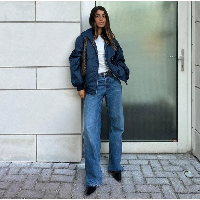 Aiertu  -  Casual Lapel Short Bomber Jackets Women Loose Patchwork Zipper Pockets Long Sleeve Coat 2026 Autumn New Lady Chic Tops Outwear Aiertu