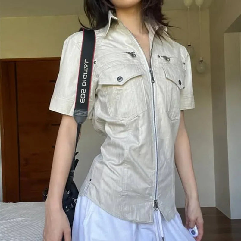 Aiertu  -  Pockets Zipper Short Sleeve Tops Y2k 2000s Style Shirts & Blouses for Woman Downtown Clothes P84-EE20 Aiertu