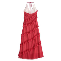 Aiertu  -  High Street Women Sexy Backless Red Halter Ruffle Dress Summer Elegant Party Long Dresses A-line Maxi Vestidos Aiertu