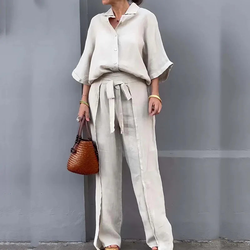 Aiertu  -  Elegant Lapel Button Shirts & Long Pant Suits Women Casaul Short Sleeve Solid Outfits Fashion Cotton Linen Lace-up Loose 2Pc Set Aiertu