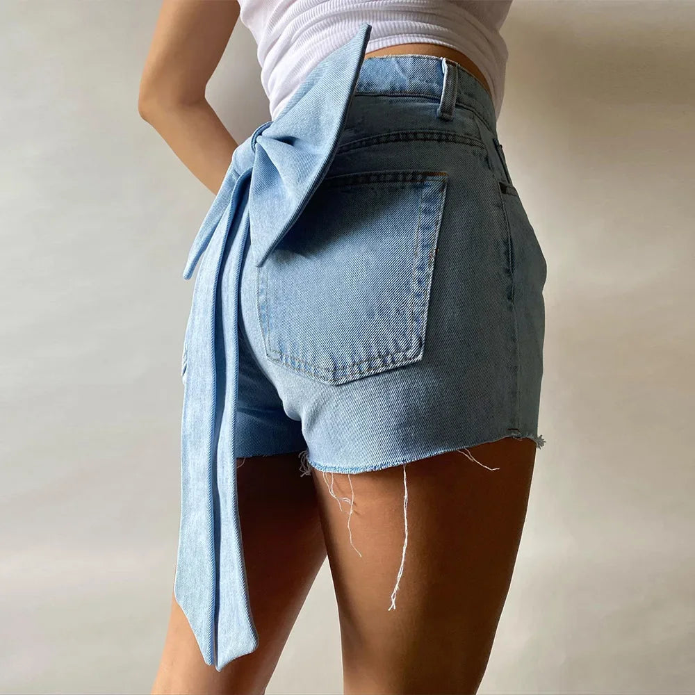 Aiertu  -  layered look inspo Women Zipper Fly Back Bow Front Button A-line Jeans Shorts Summer INS Street Casual Denim Blue Denim Shorts Aiertu