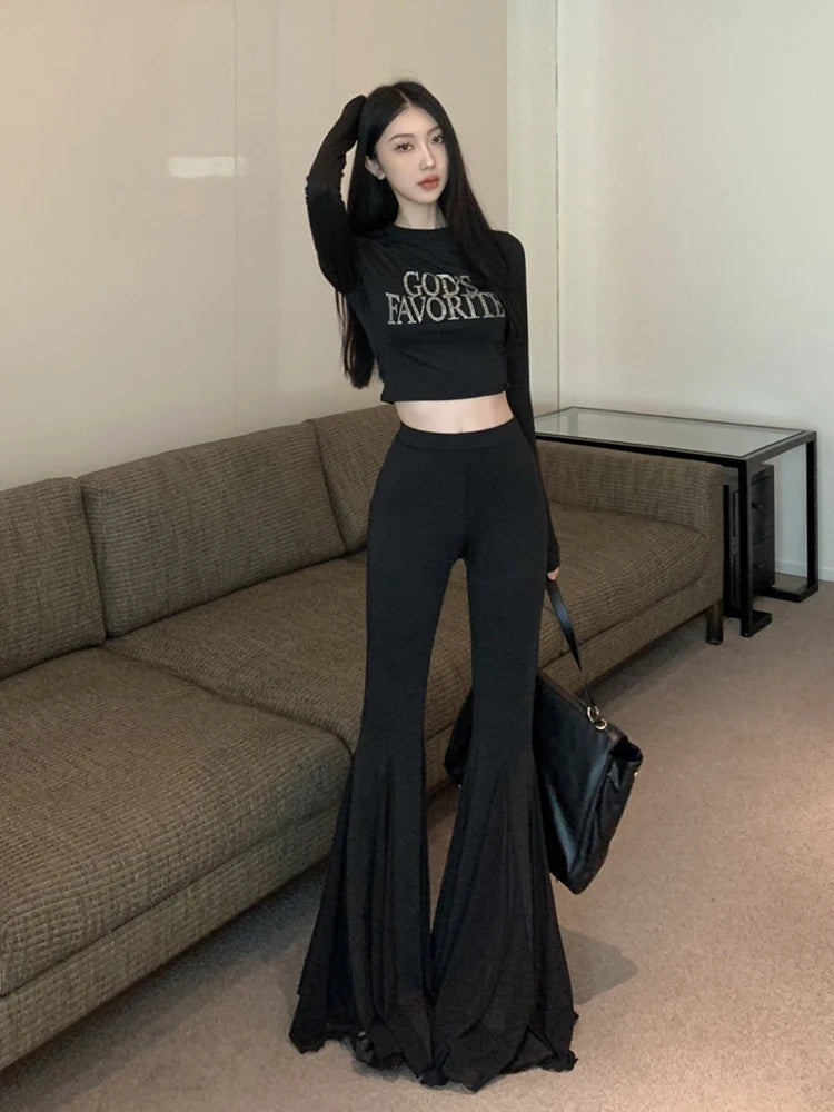 Aiertu  -  Lounge Stitch Tulle Yoga Pants Women Black Solid Slim Bootcut High Waist Bell Bottoms Workout Leggings Female Clothes Aiertu
